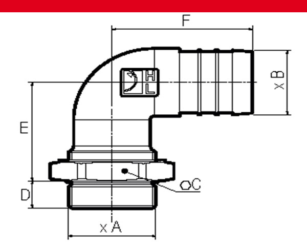 Ansaugstutzen für PA-PAC-Pumpen mit 90°-Biegung von Hydro-Leduc, Skizze, roter balken oben