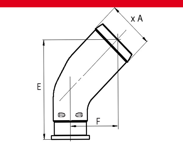 Ansaugstutzen für XPi-, XAi-Pumpen, 45°-Biegung von Hydro-Leduc, Skizze, roter Balken oben